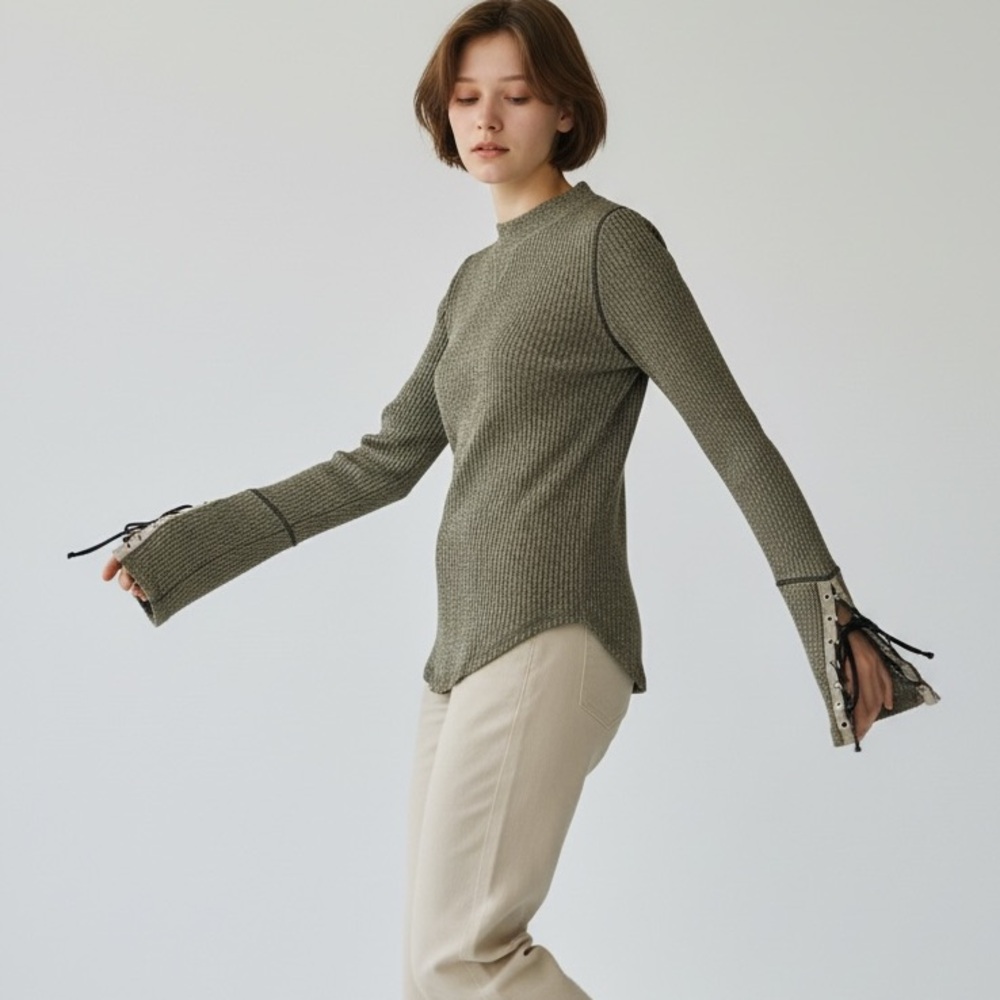 Free People Olive Ribbed Top with Lace-Up Details